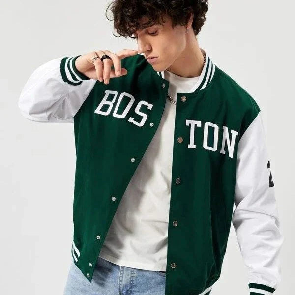 Green Boston Print Baseball Jacket