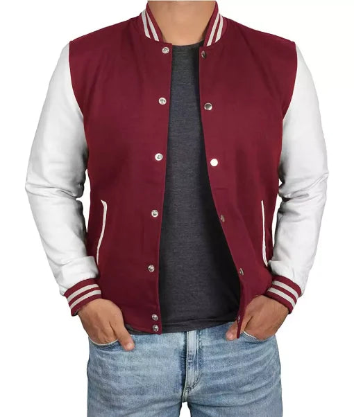 Maroon and White Plain Varsity Baseball Style Jacket