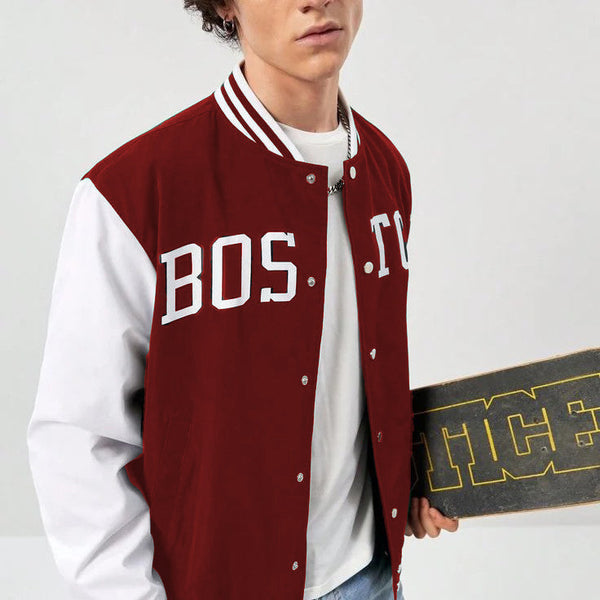 Men Boston Print Maroon Varsity Baseball Jacket