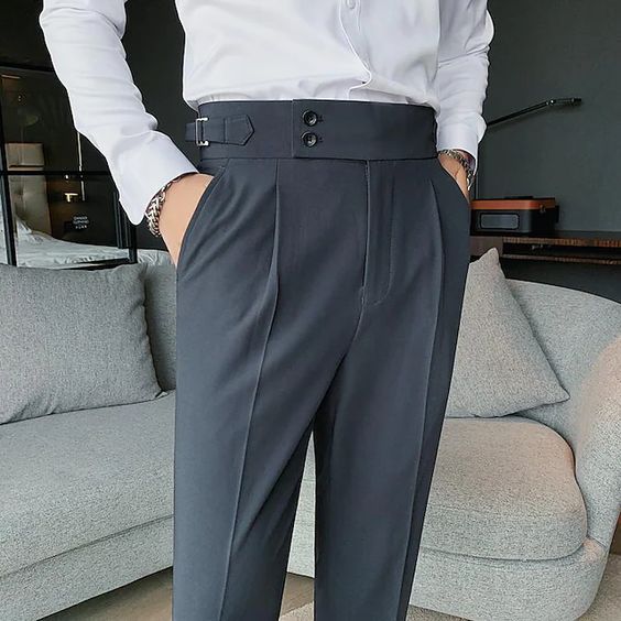 Mens Grey High Waisted Italian Trouser