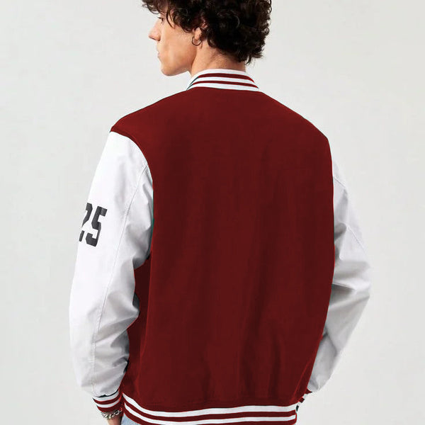 Maroon Boston Print Baseball Varsity Jacket for Men