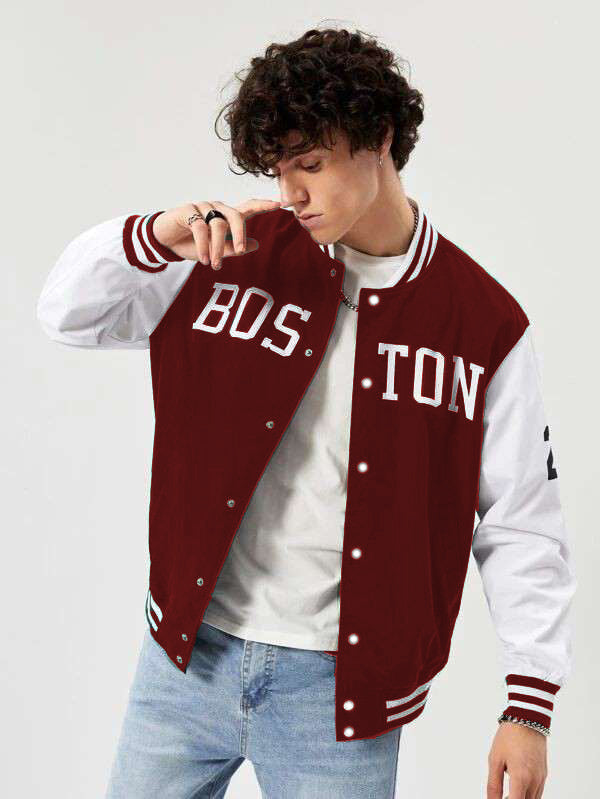 White & Maroon Boston Print Baseball Jacket