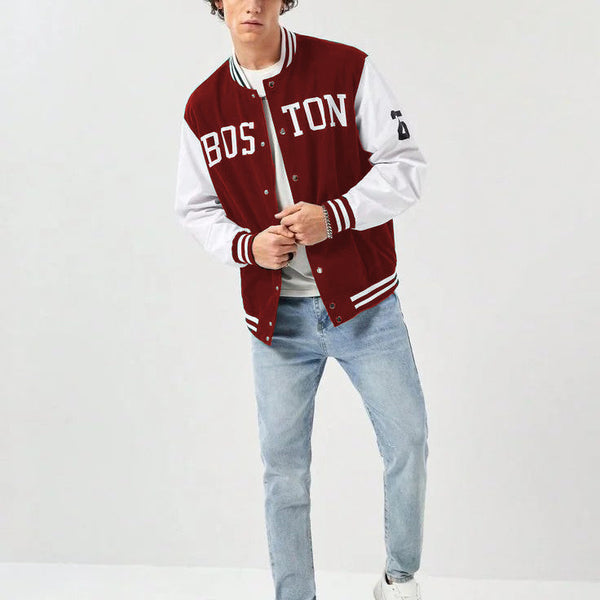 Men Boston Print White & Maroon Baseball Jacket