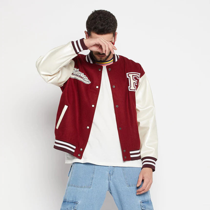 Baseball Jacket Maroon and White Printed